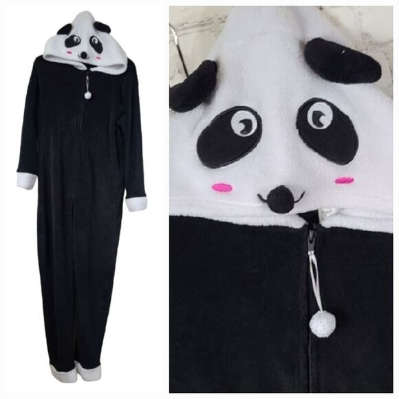 Juniors PJ Couture Panda Pajamas Black Fleece Blanket Jumpsuit Small Onesie Hood - Picture 1 of 8